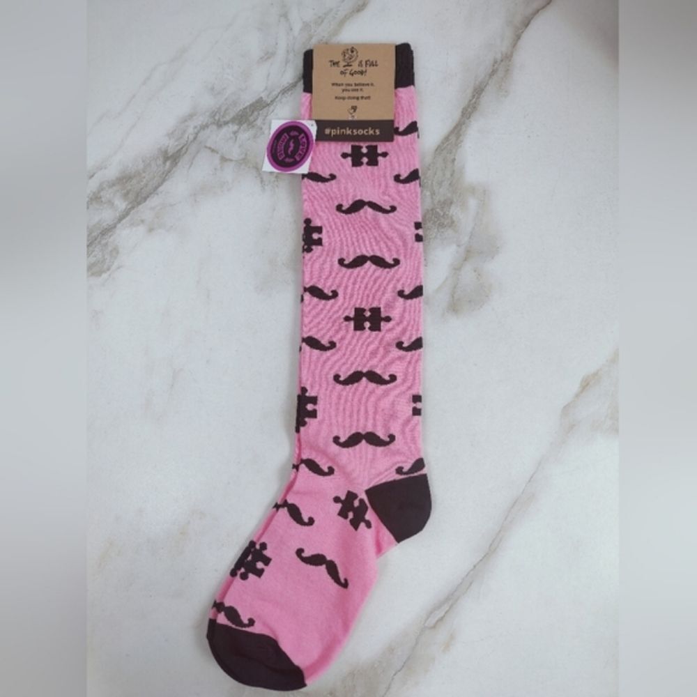 NWT Pinksocks Women's Pink & Black Knee High Mustache Puzzle Socks, OS